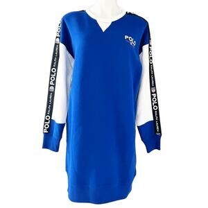 New Polo Ralph Lauren Long Fleece Sweatshirt Dress Logo Shield Blue Woman Medium